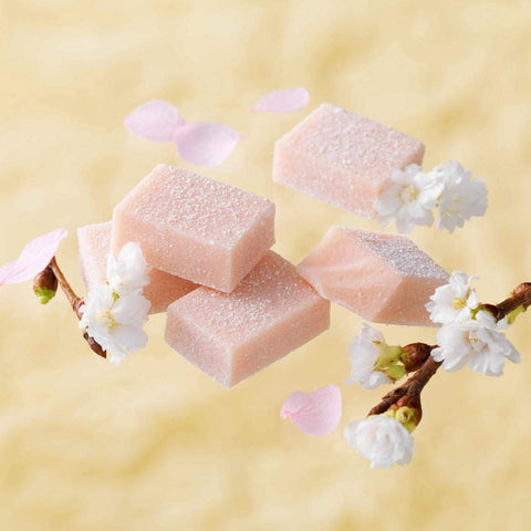 ROYCE' Chocolate - Nama Chocolate "Sakura Fromage" - Image shows pink blocks of chocolates with accents of white flowers and brown twigs. Background is in yellow.