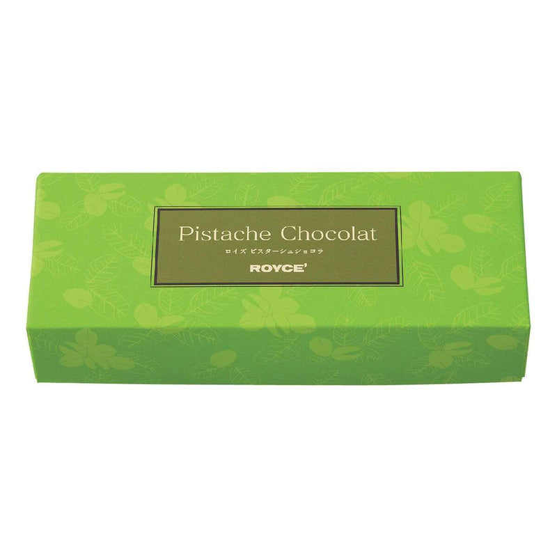 ROYCE' Chocolate - Pistache Chocolat - Image shows a green box with leaf prints. Green rectangle in center has text saying Pistache Chocolat.