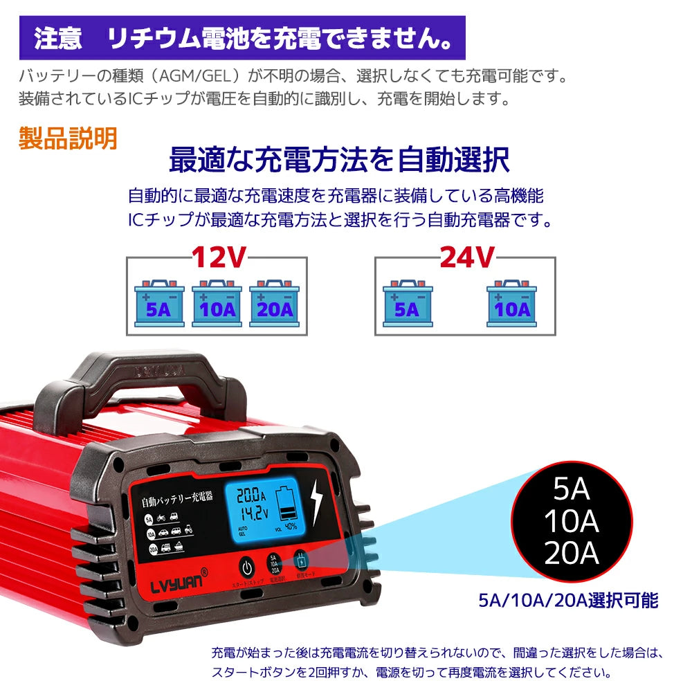 自動パルスバッテリー充電器 20A 300W 12V24V 全自動