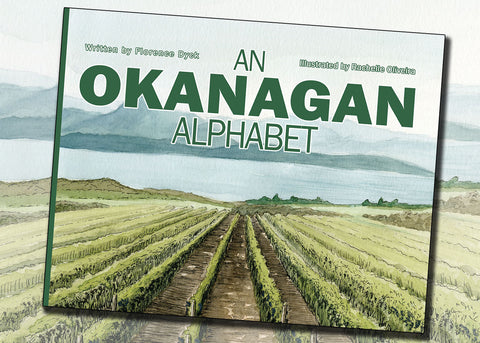 Book cover: An Okanagan Alphabet. View of vineyards.