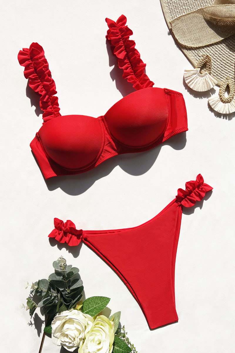 Red Flounce Straps Tie Back 2 Pieces Bikini Set