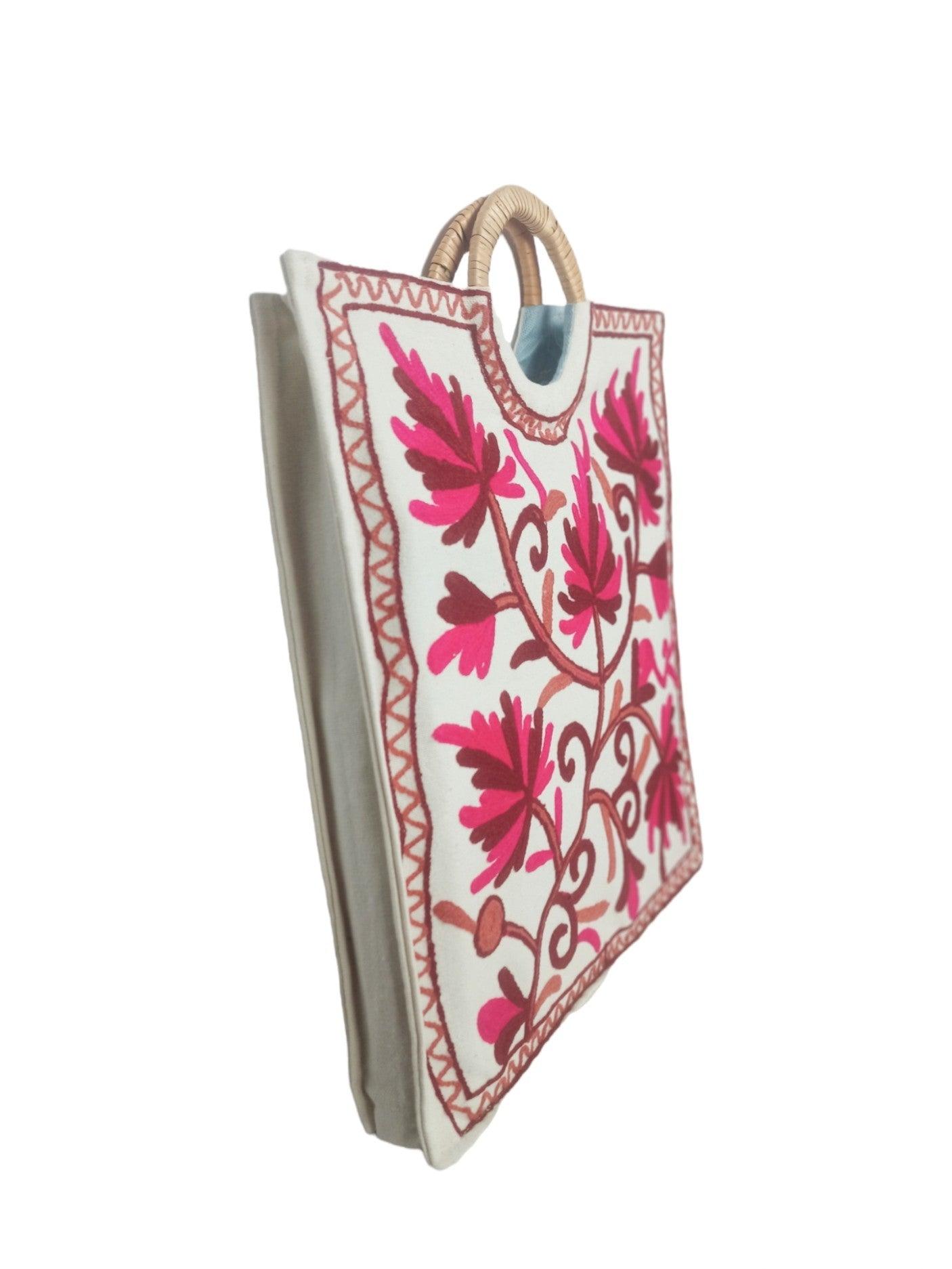 Crewel Embroidered Tote Bag, Shopping Carry Bag Cream #CBG333 - Best of  Kashmir