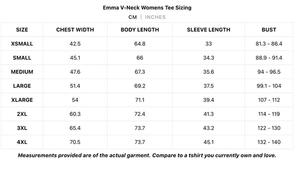 Emma V-Neck Tee Size Table