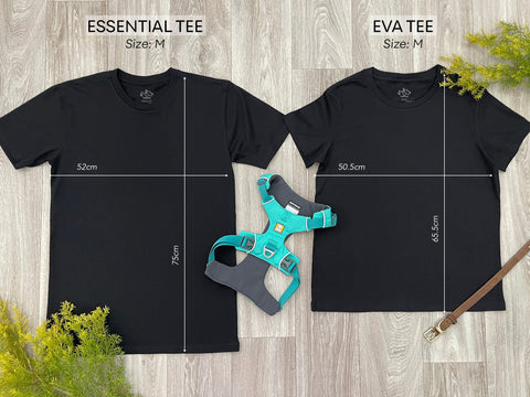 Essential versus Ava tee comparison picture