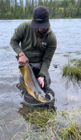 Jens visar sin drömfisk i håven