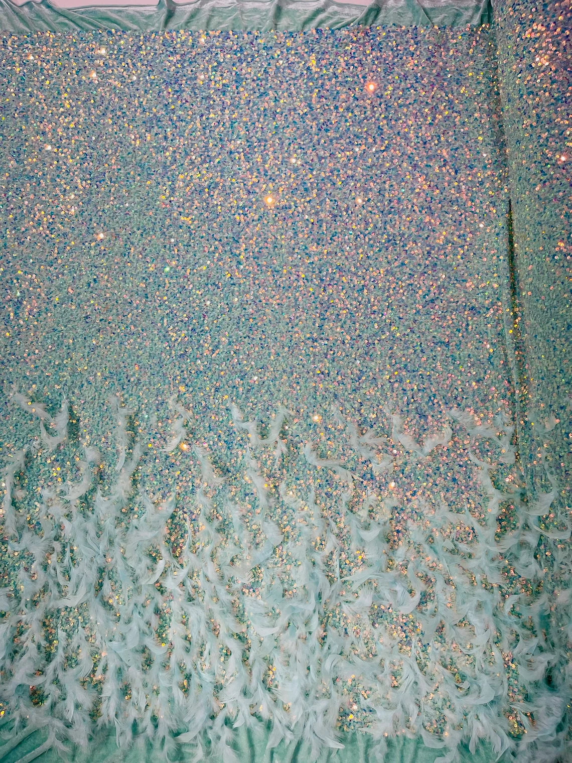 Feather Sequin Velvet Fabric - Clear Iridescent on Mint - 5mm Sequins Velvet 2 Way Stretch 58/60" Fabric By Yard