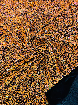 58/60" Velvet Sequins Stretch Fabric - Orange Iridescent on Black - Velvet Sequins 2 Way Stretch Sold By Yard - Mia's Fabrics Inc