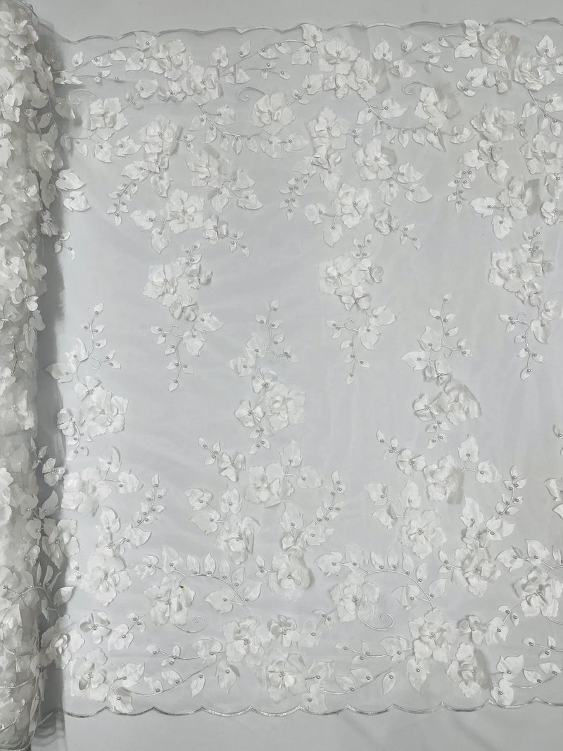 Floral 3D Pearl Fabric - White - Embroidered Double Border Flower Desi