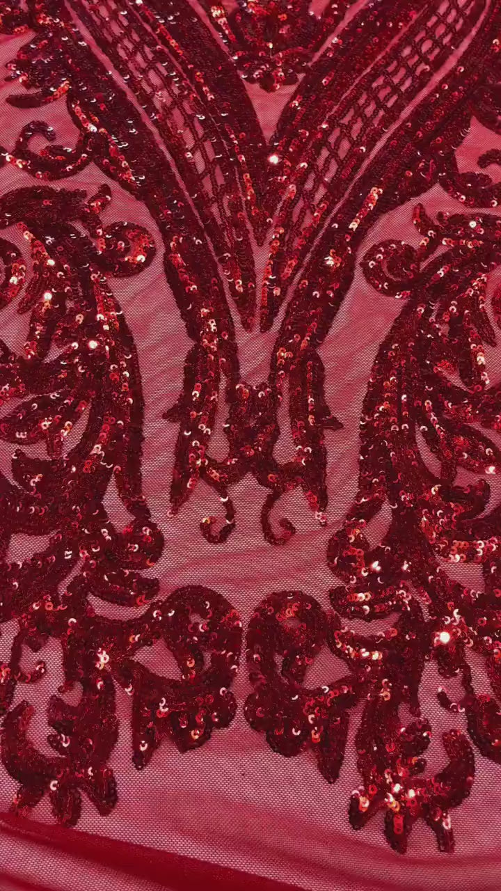 Damask Sequins - Red - Damask Sequin Design on 4 Way Stretch Fabric By