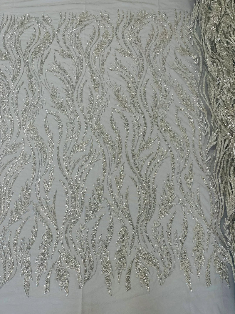 Wavy Lines with Leaf Pattern Beads Fabric - Silver - Embroidered Beade