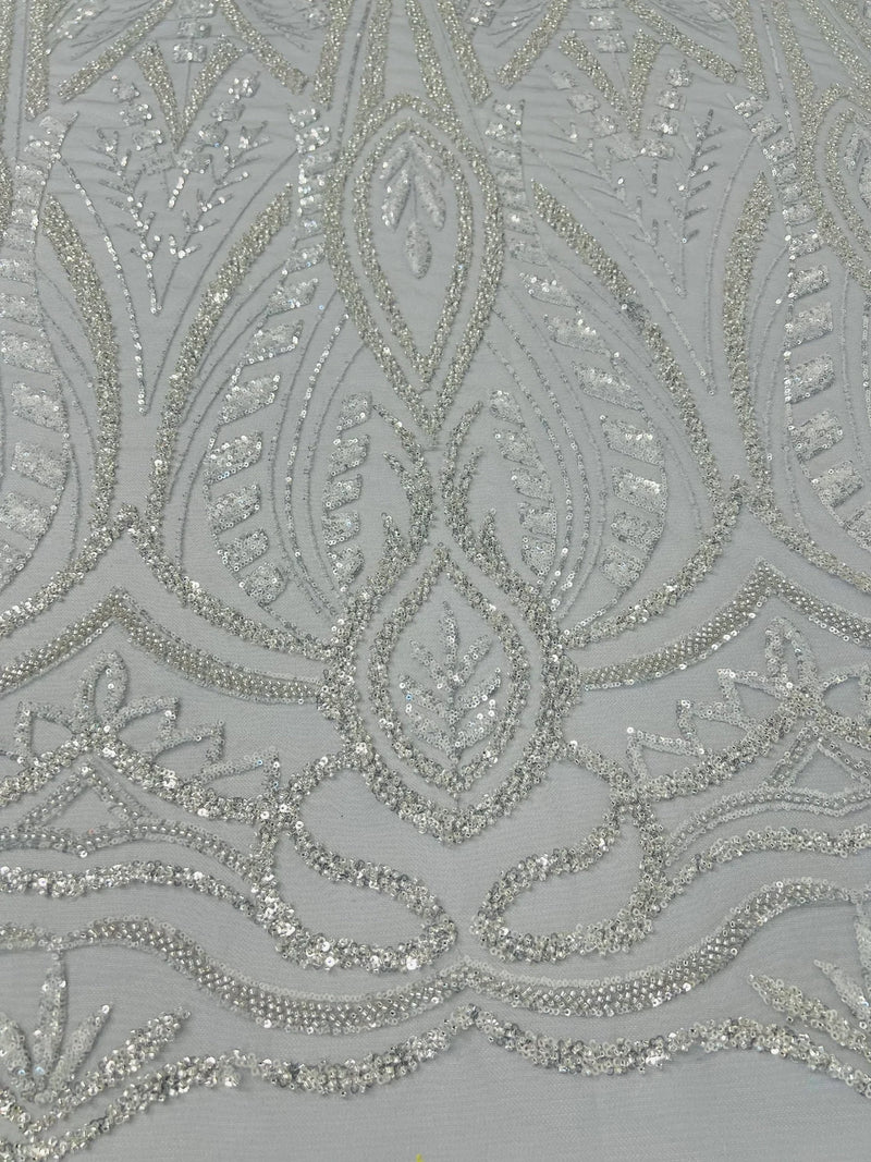Wedding Beaded Fabric - Silver - Embroidered Fancy Fashion Pattern Fab