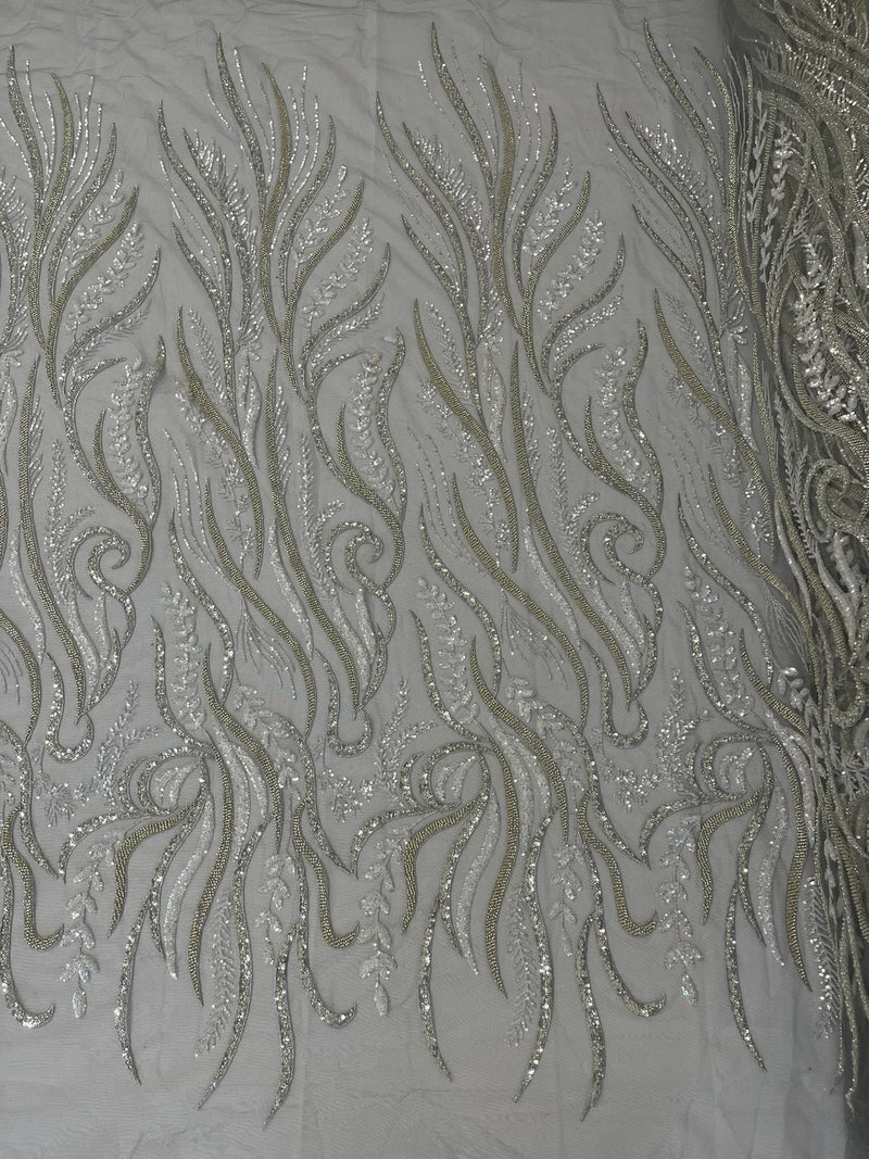 Sea Plant Beaded Fabric - Silver - Beaded Embroidered Sea Plant Design