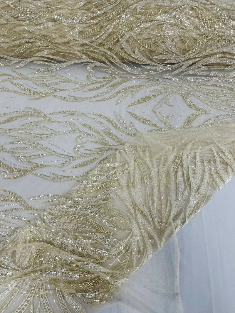 Beaded Elegant Fabric - Clear - Leaf Design Beaded Embroidered Fabric