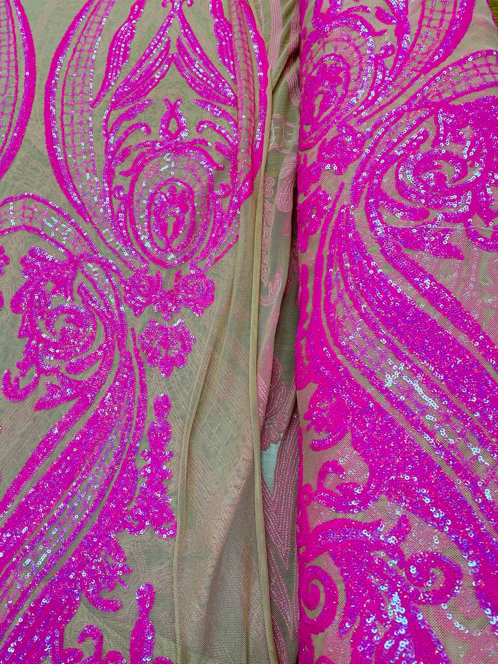 Neon Pink Sequins Fabric, Skin Mesh - Damask Design 4 Way Stretch Sequ