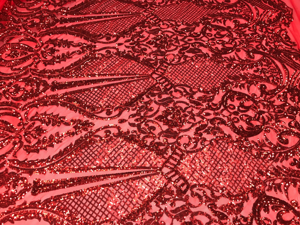 Sequins Red Lace Fabric, DAMASK Design Embroidered on a Mesh 4 way Str