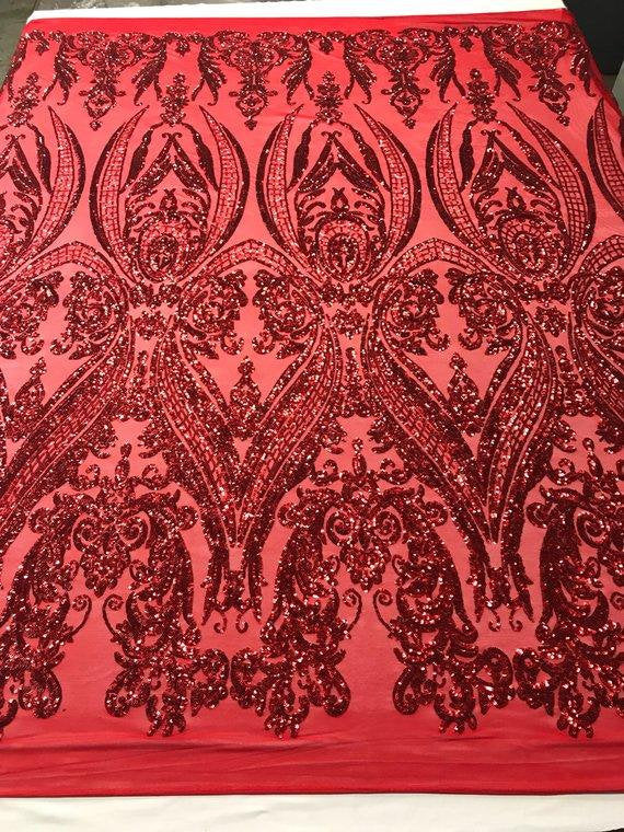 Red Sequin Damask Design - 4 Way Stretch Sequin Fabric Spandex Mesh-Pr