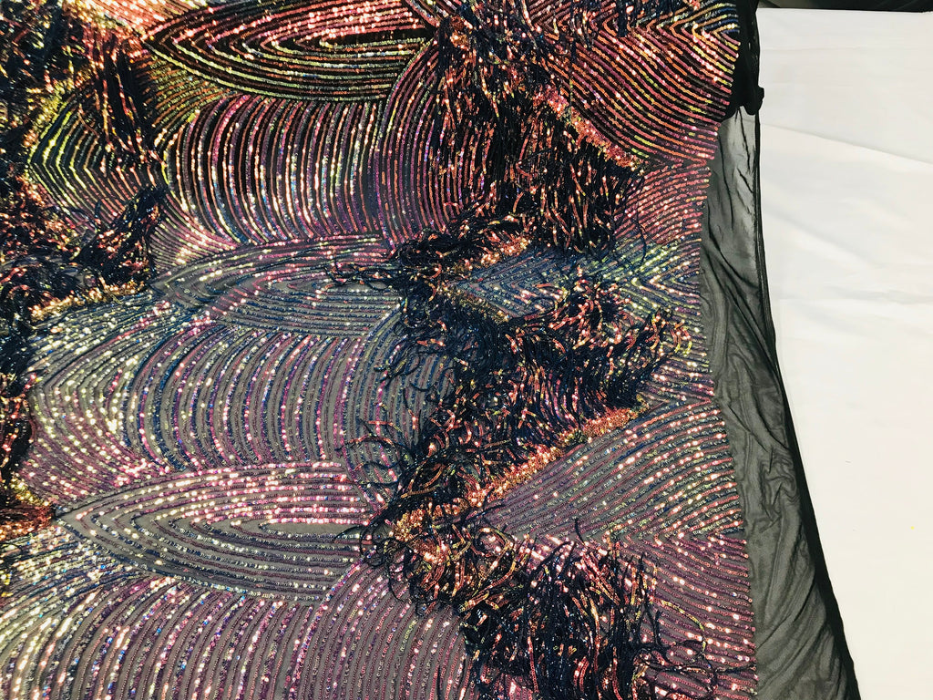 Iridescent Rainbow Fringe Sequins on Black Mesh, Fringe Design Embroid