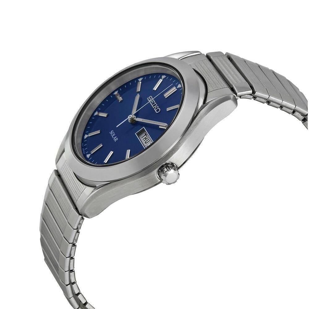 Seiko SNE057 Solar Silver Stainless Steel Expansion Band Blue Dial Men's  Quartz Watch - On sale @  – JoySwag