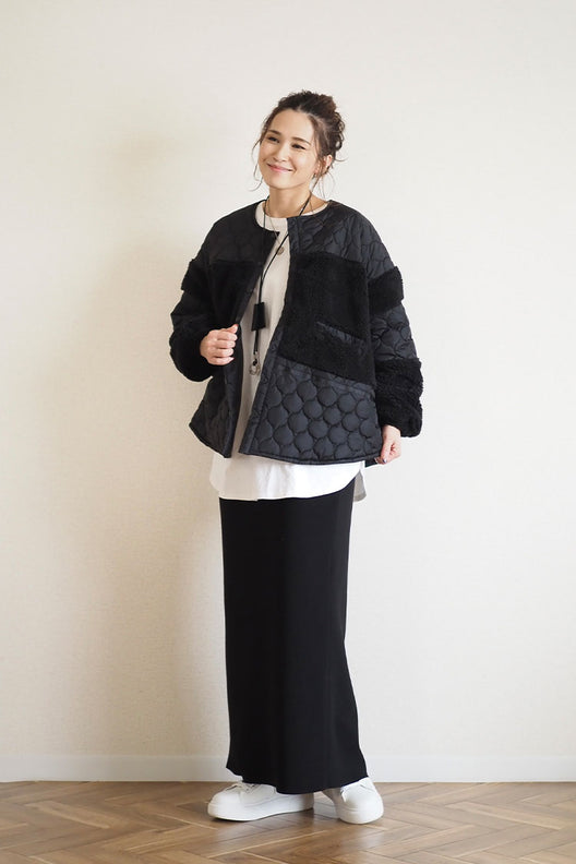 0122-1】Boa quilting collarless coat-