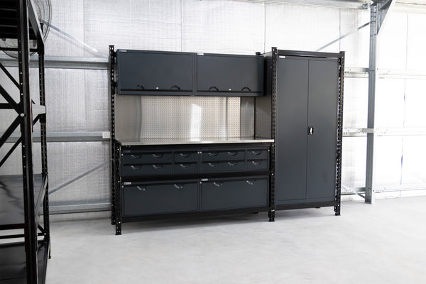 Steelspan Work Bench and Storage System - Module 10 with Overhead Cabinets Stainless Steel Fully Loaded