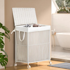 White Handwoven Rolling Laundry Basket with Lid - Home Haven Décor Store