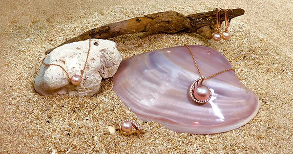 Jewelry with Pink Freshwater Pearls in sand, shell, rock & driftwood