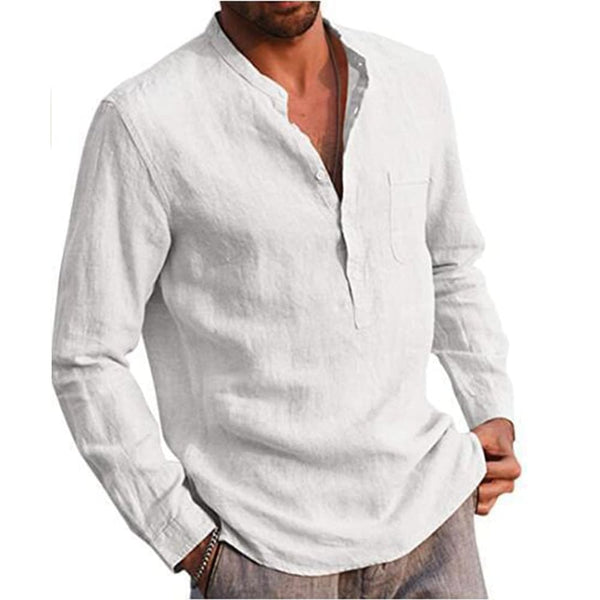 Camisas masculinas de linho e algodão de mangas compridas - AELSTORE