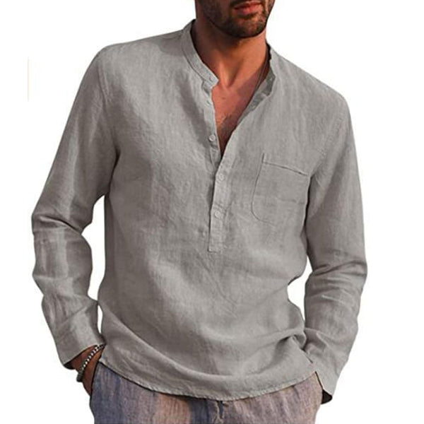 Camisas masculinas de linho e algodão de mangas compridas - AELSTORE
