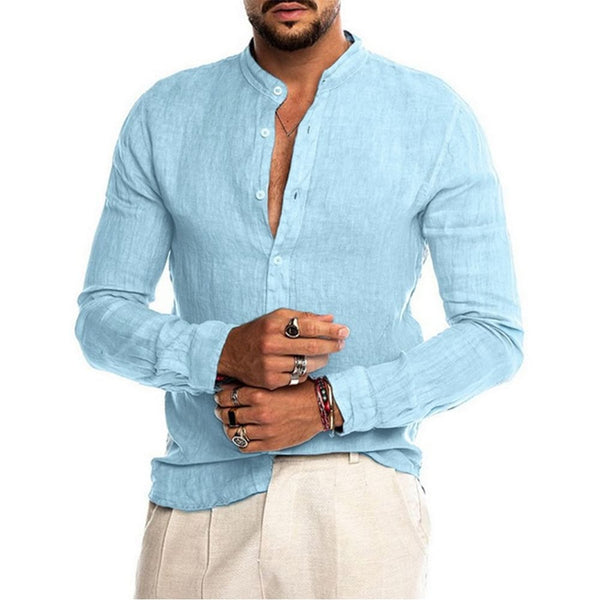 Camisas masculinas de algodão e linho de mangas compridas - AELSTORE