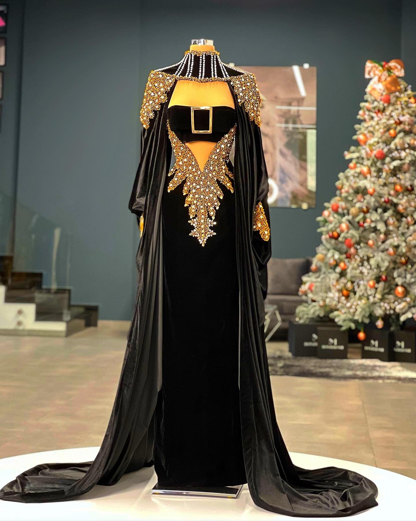 Black  Velvet Gown Gold & Silver Details