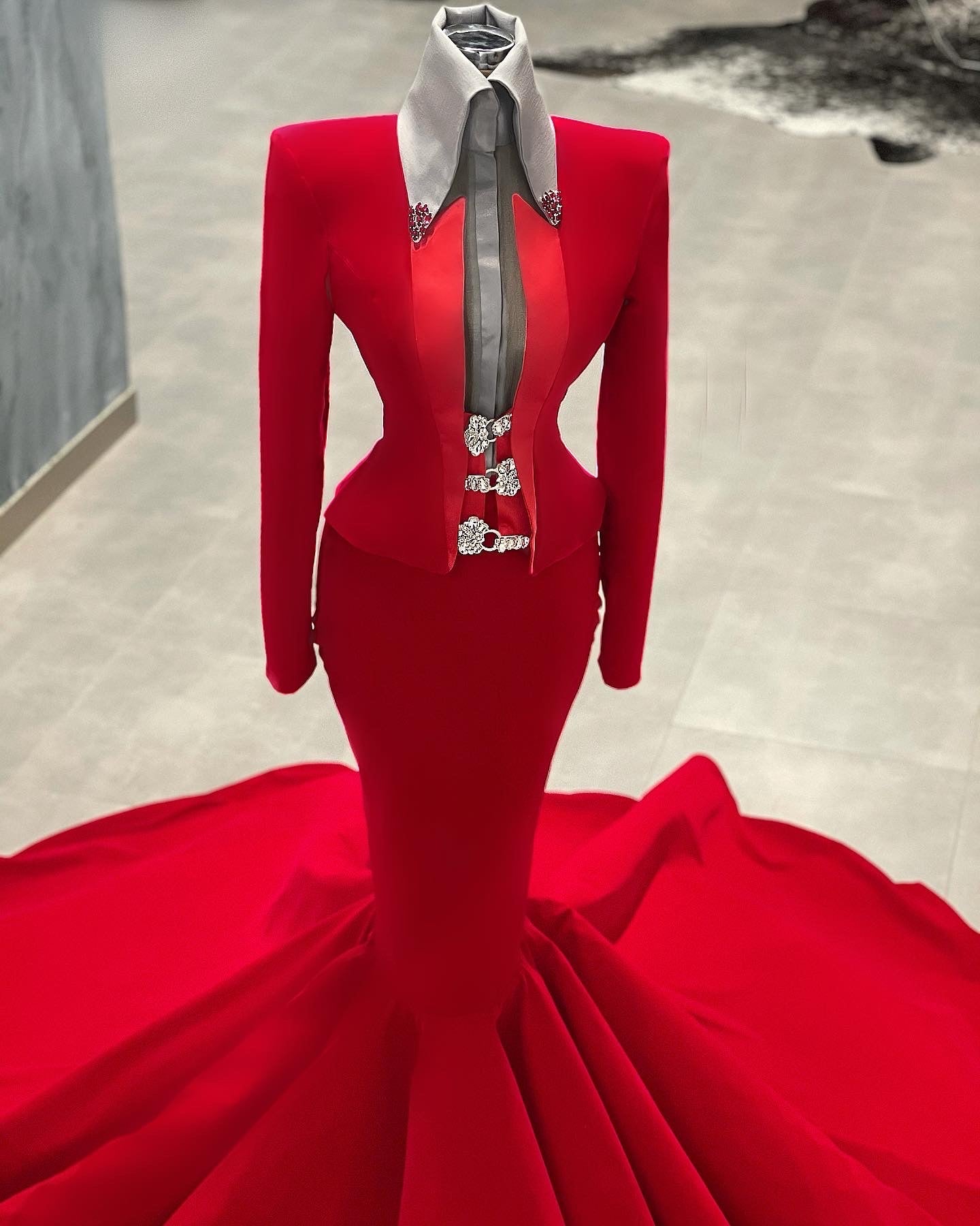 Red Velvet Gown Gray Shirt