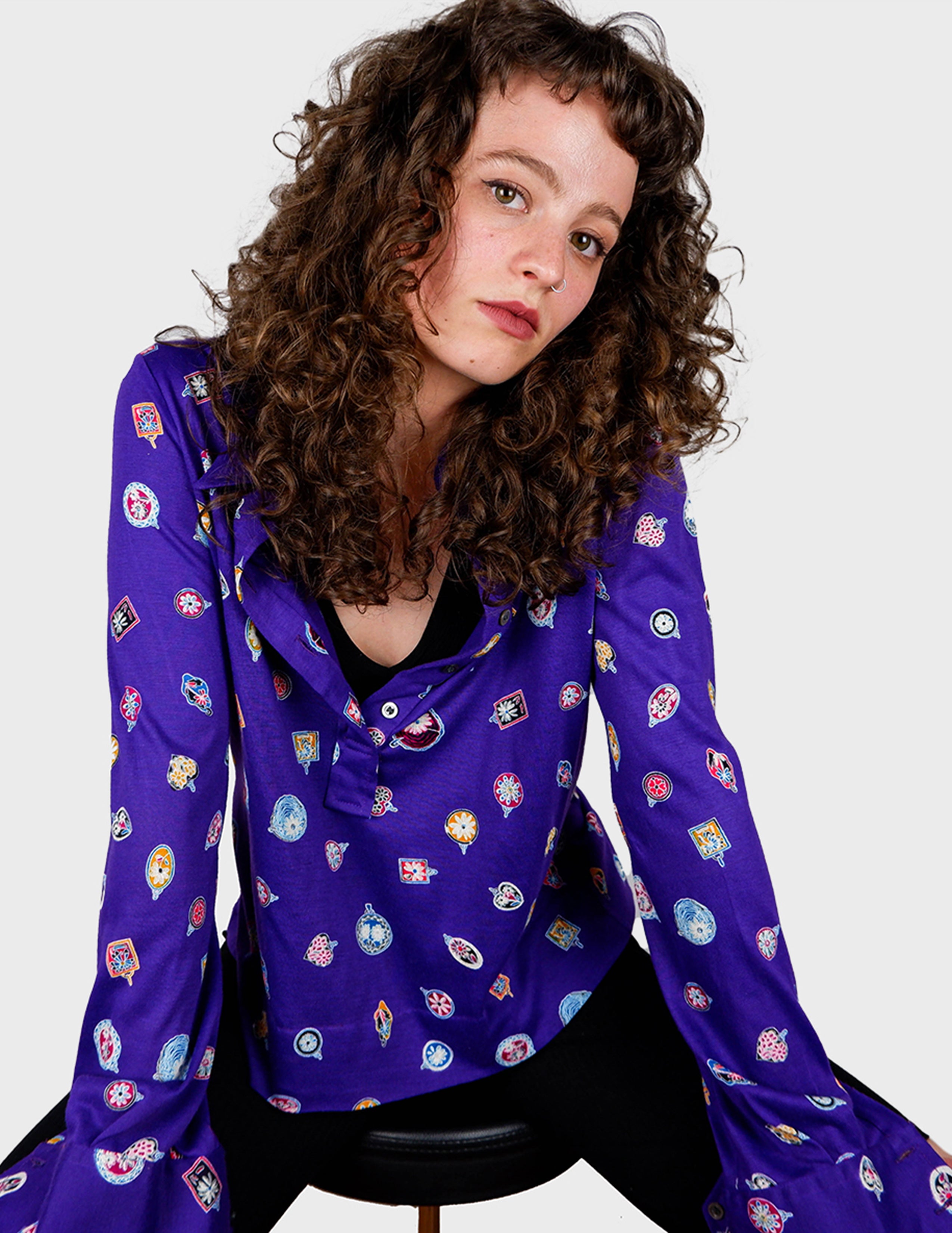 image of Vintage 80s 90s puple crazy pattern vintage shirt | S - M