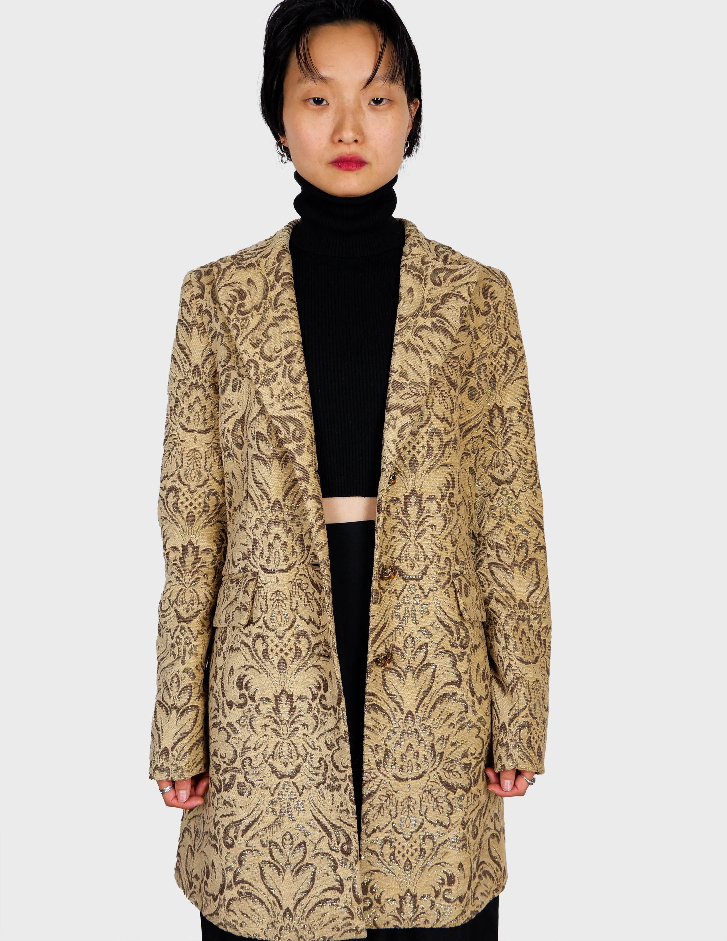 image of Premium preloved beige / gold material mix baroque style coat | XS