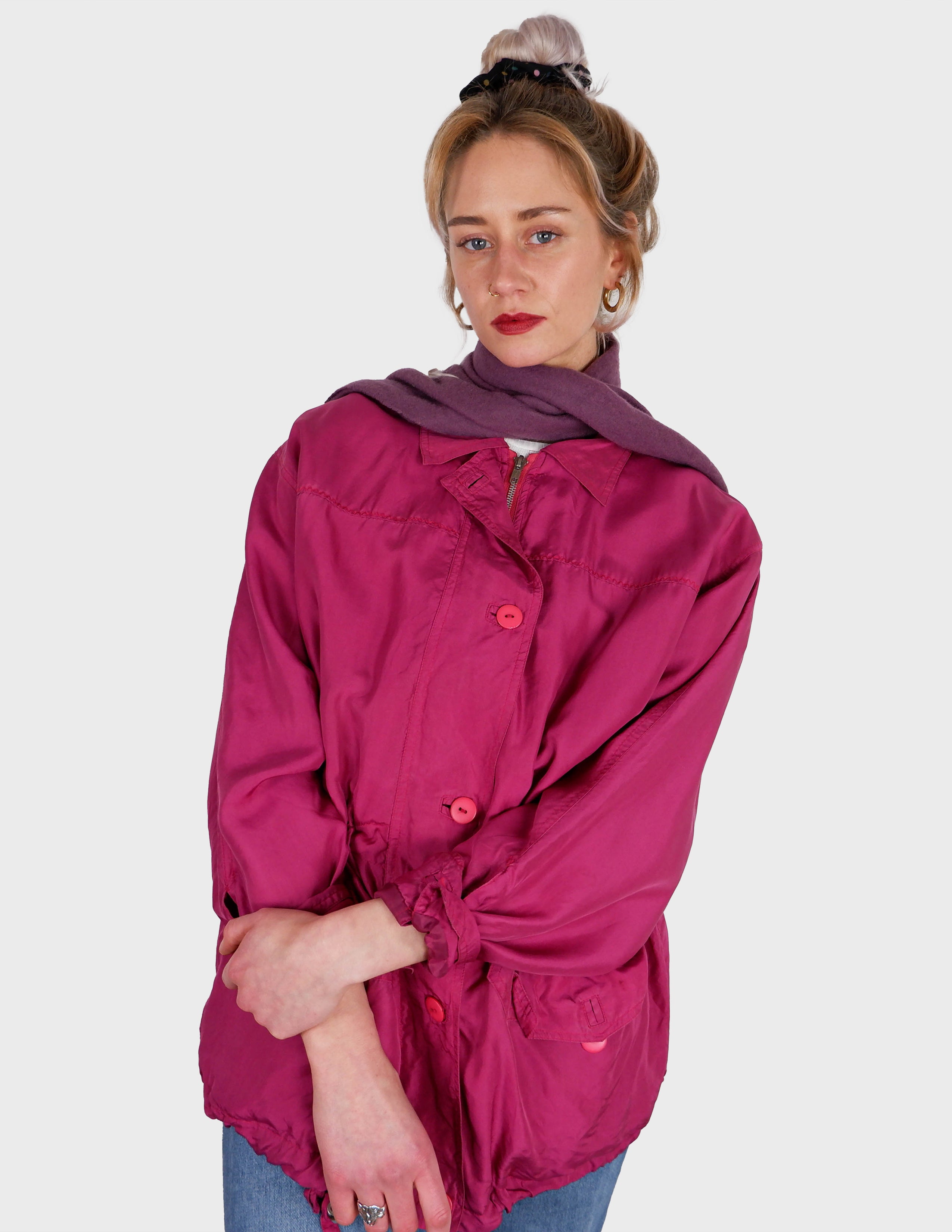 image of 80s vintage pink 100% silk spring / summer oversized jacket (ultrathin) | S - M