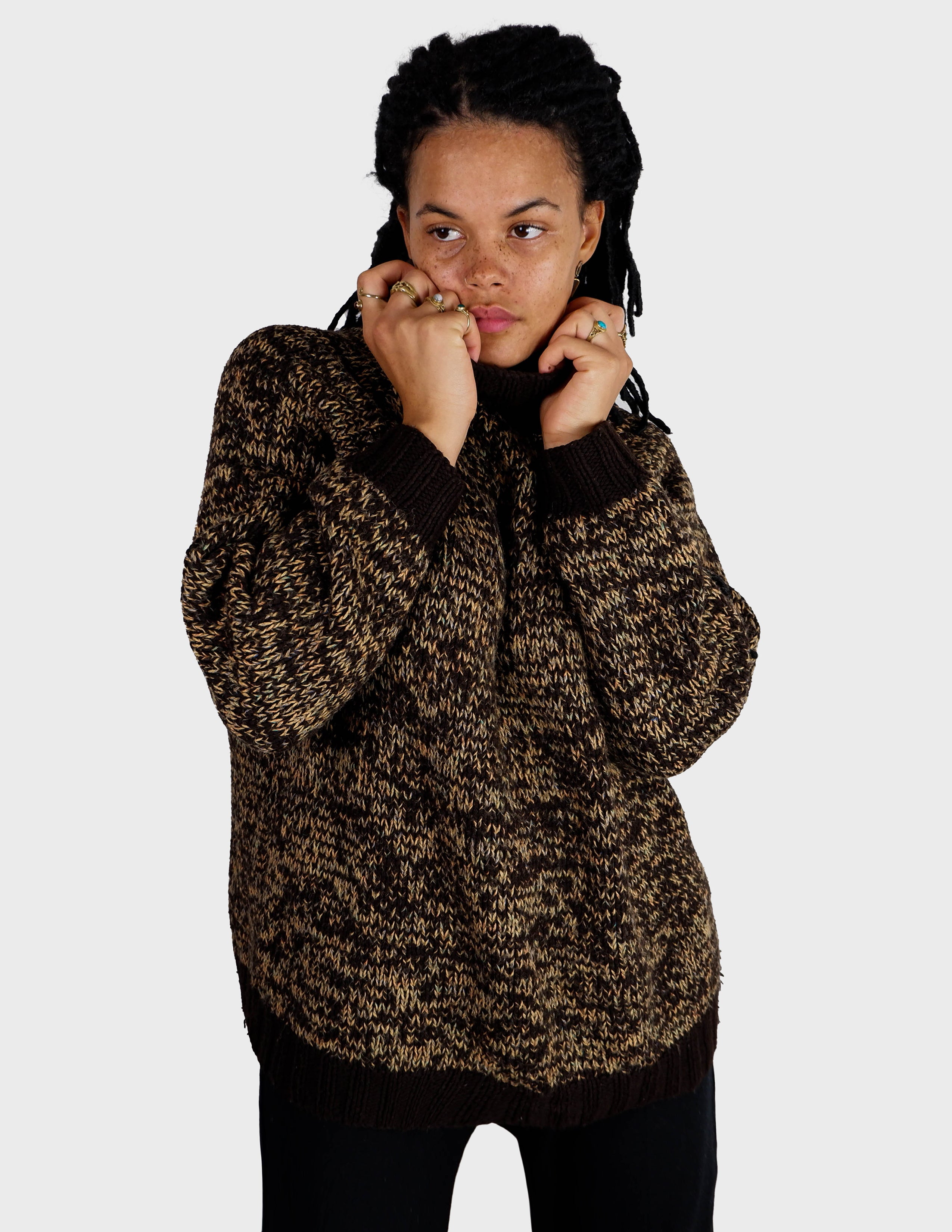 image of Handknitted light turtleneck brown sweater | L - XL