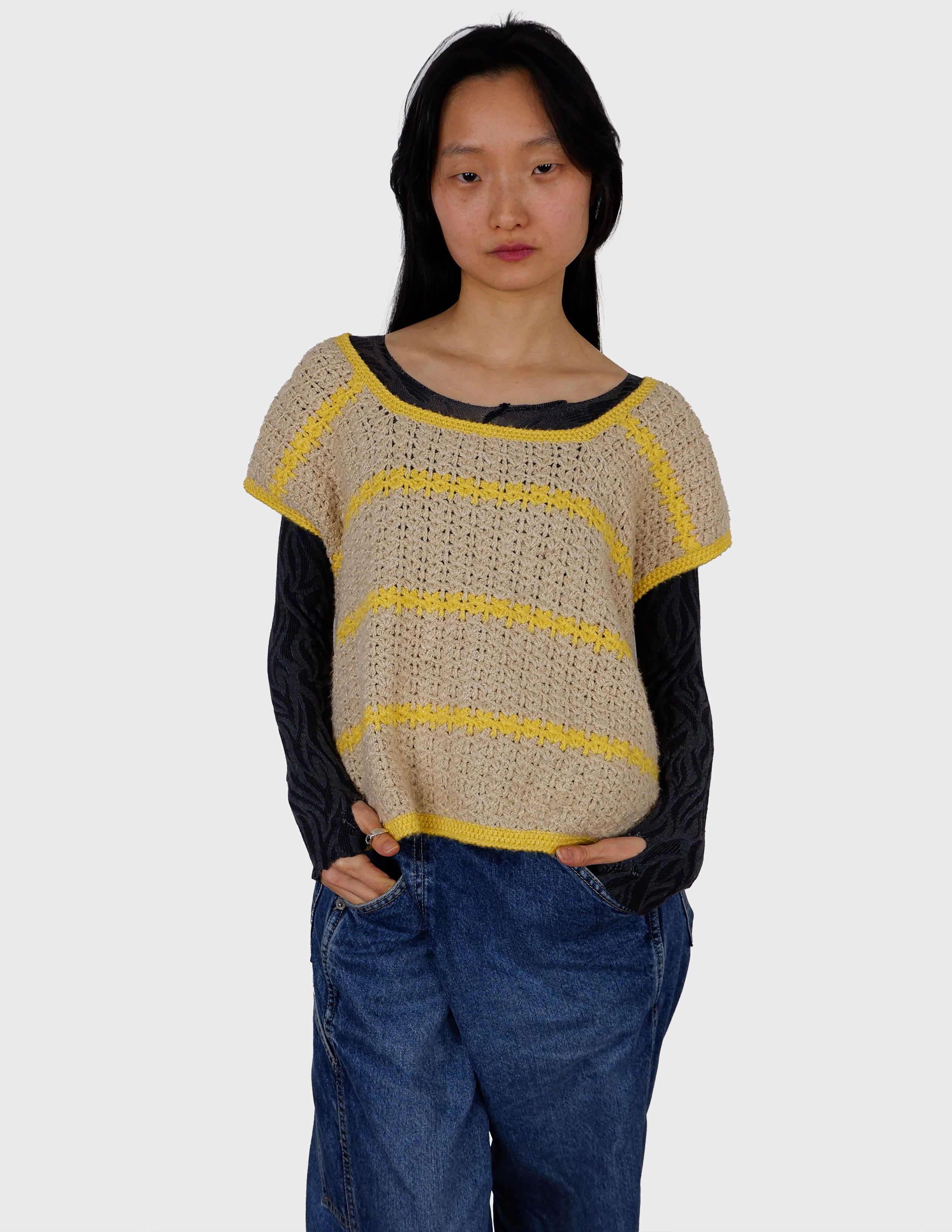 Image of Vintage 70s handmade slipover with yellow stripes | S - M