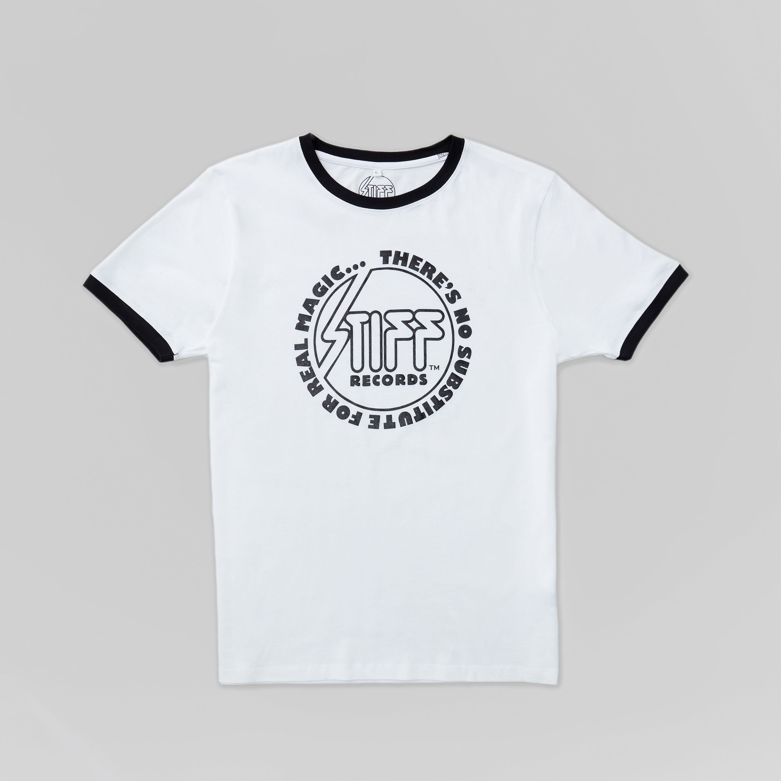 White & Black Stiff 'Real Magic' Print Ringer T-Shirt - Stiff Records product image