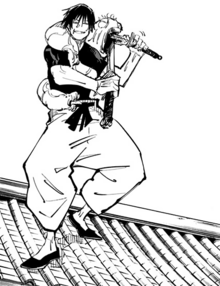 Toji utilise la capacité de son esprit maudit à stocker des objets pour changer ses armes.