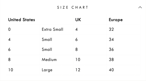 Shopify impulse theme size chart