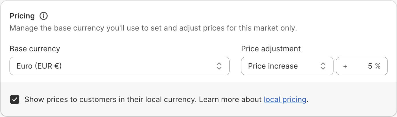 Shopify markets price adjustment