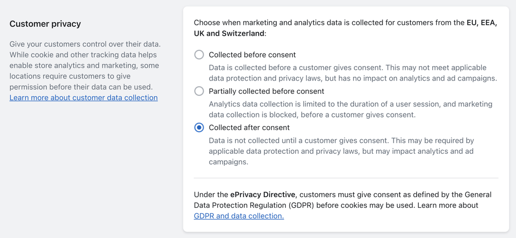 Shopify Customer Privacy Settings screenshot