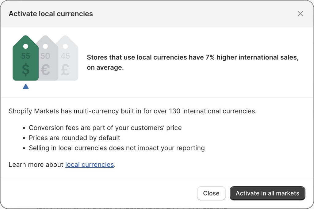 Shopify activate local currencies