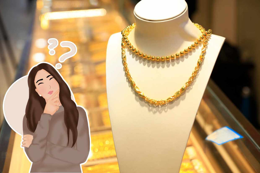 A thoughtful girl contemplating the purchase of gold Jewellery (Graphical art))