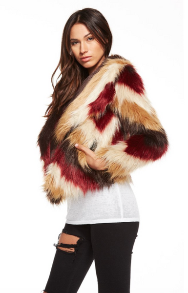 CHASER Faux Fur Jacket in Chevron - dainty lion