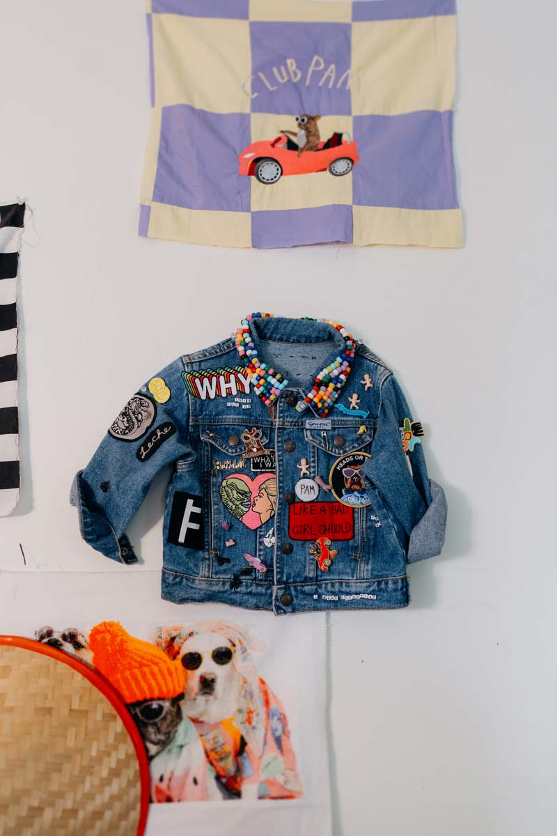 Courtney’s sewing room is filled with treasures, including her grandmother’s pattern cabinets and the customized jean jacket worn by her late Instagram-famous French Bulldog, Pam.