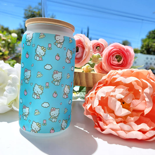 Cute Hello Kitty & friends with rainbows and stars 16oz Frosted Glass Can.