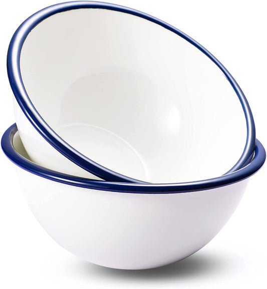 Webake 9.5 inch enamel plates 2 pack salad pasta bowls white body with blue  rim