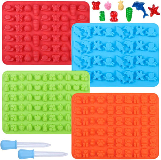 Gummy Bear & Worm Silicone Candy Molds, 4 Pack Set - Nonstick Trays with 2  Droppers for Chocolate, Ice Cubes, BPA-Free -Makes up to 62 Candies -Summer