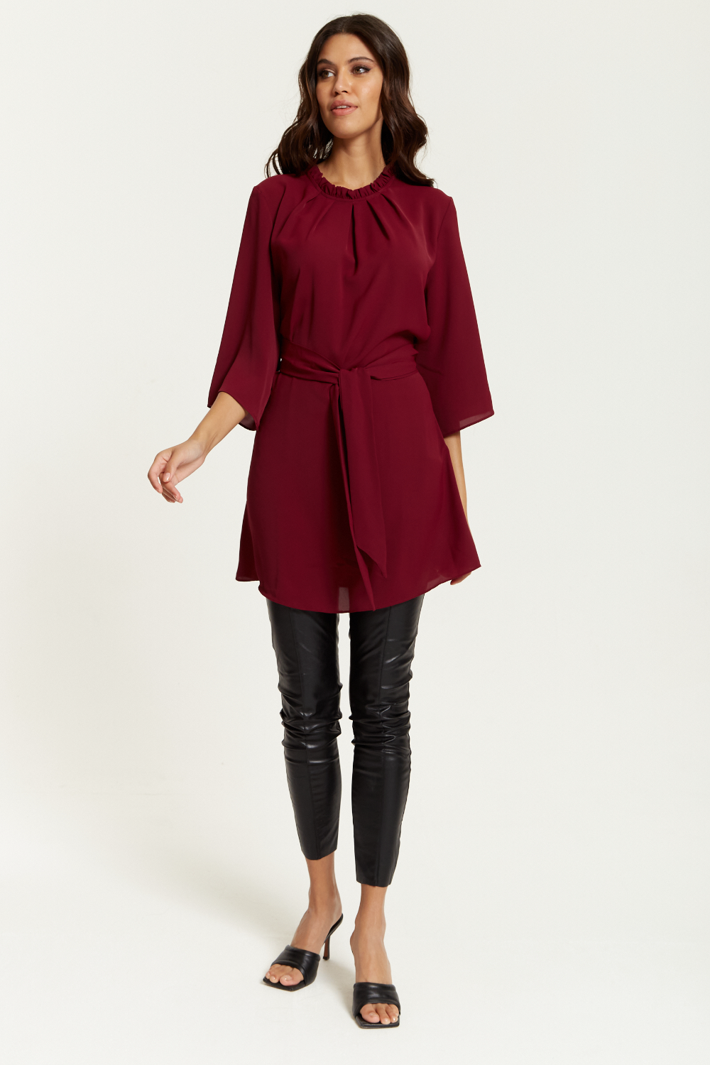 Oversized Detailed Sleeves V Neck Tunic In Burgundy