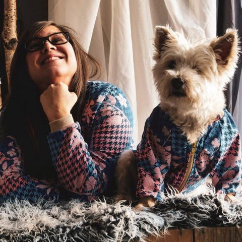 Pet parent Hazel and terrier Poppy in matching pyjamas 